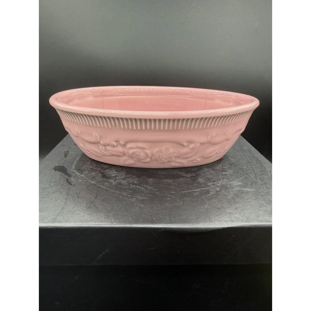 🌸🍽️ Vintage Home Laughlin Oven Serve Pink Embossed Oval Dish – USA Pottery 🍽️
